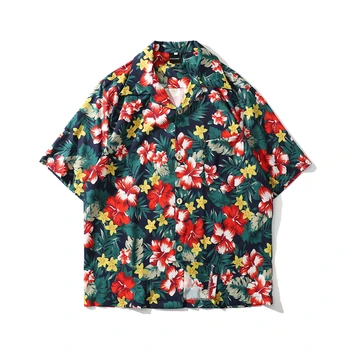 

Men personality red Flower Printed Short Sleeve Beach Shirt Harajuku Mens Casual Party Holiday Summer Shirts Streetwear Camisa