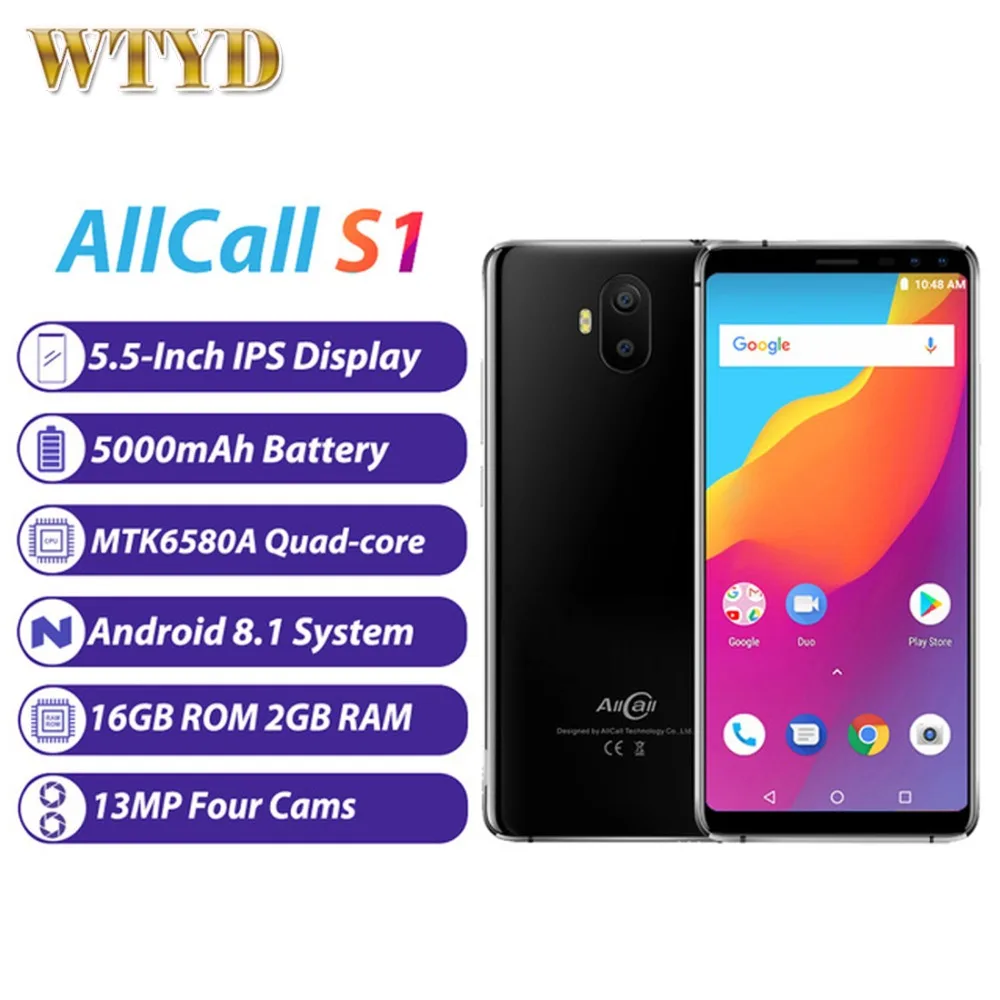 Allcall S1 3g WCDMA 5000 mAh Батарея 16 GB 2 мобильный телефон четыре камеры Android 8 1 MTK6580A 5 дюйма