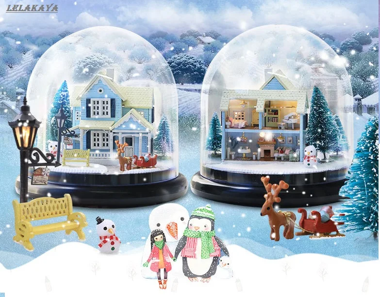 Кукольный дом зимний дом снег деревянные кукольные домики скандинавские сказочные миниатюрные домашние сборные игрушки кукольный домик diy Набор стеклянных шаров
