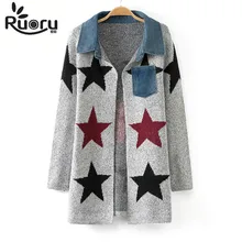 European Style Big Size Denim Collar Star Printed Kimono Cardigan Female Casual Knitted Winter Blouses 2017 Women Blusas Tops