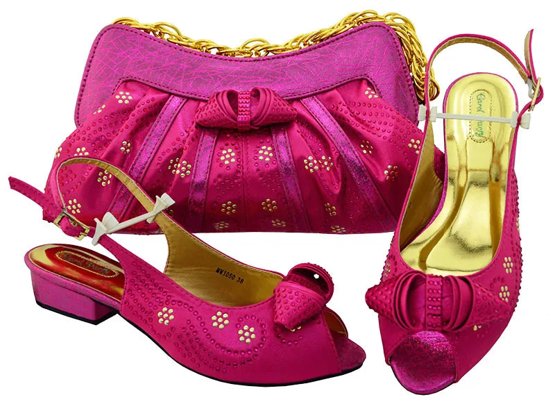 

Italian Matching Shoe and Bag Fuchsia Set Color Heels Decorated with Flowers Women Pumps African Wedding Shoes Mid heel MM1050