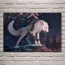 Пушистый волк животные ночной художественный принт гостиная домашний Настенный декор деревянная рамка ткань плакат EX441