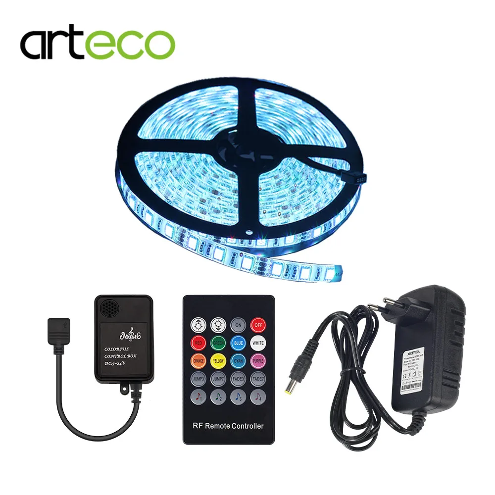 

Music RF RGB Controller LED Strip set IP20 / IP65 Waterproof LED strip 5m/roll 60leds/m 3A Adapter neo pixel for Home Decoration