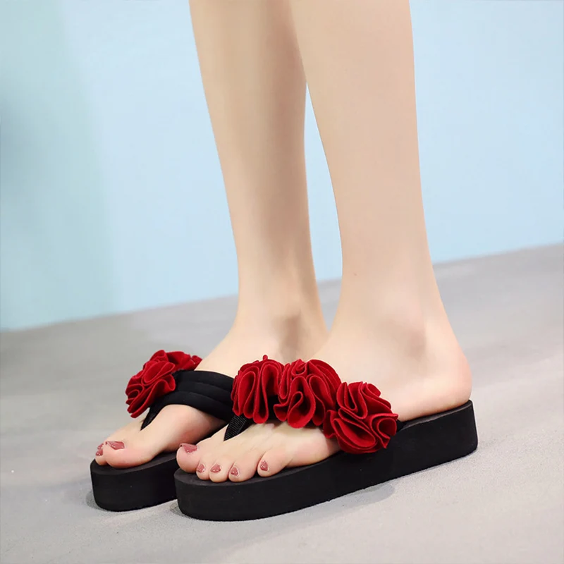 

2019 Summer Popular Women Slippers Handmade Flowers Ladies Flip Flops Sexy Mid Heel Beach Slippers Women Leisure Outdoor Shoes
