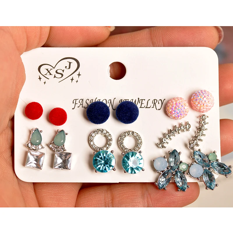 

New fashion women jewelry wholesale girls party powder white red blue mix-and-match 9 pairs /set earrings gift free shipping