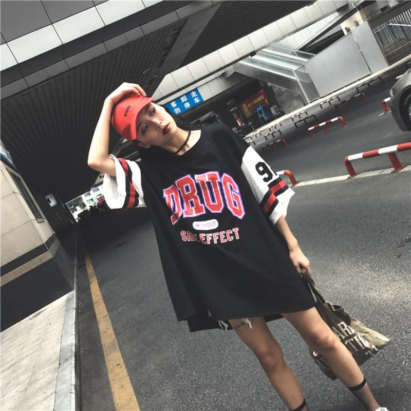 Harajuku Long T-Shirt Loose Letter Printed Women Tshirt Loose Female Tee Tops Large Size Summer T-Shirts
