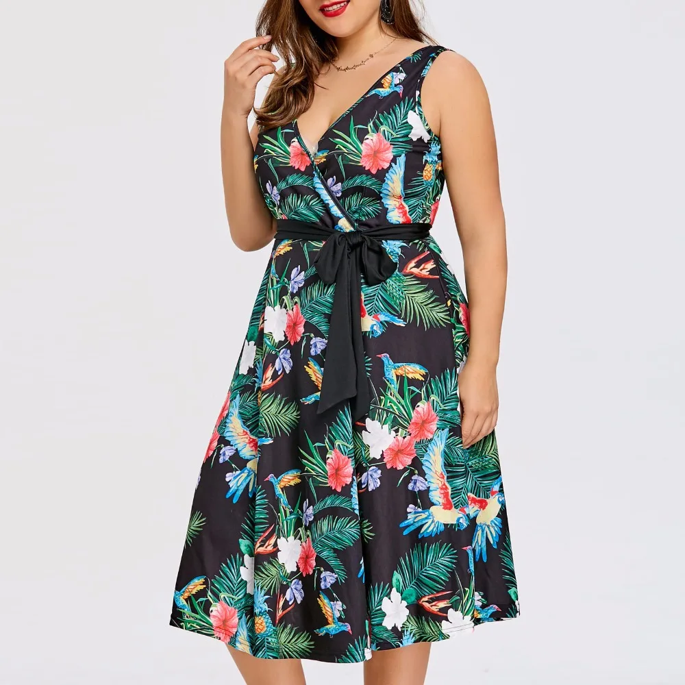 Женское платье размера плюс 5XL с цветочным принтом, летнее пляжное платье Бохо с поясом, винтажные вечерние платья, большие размеры, vestidos mujer
