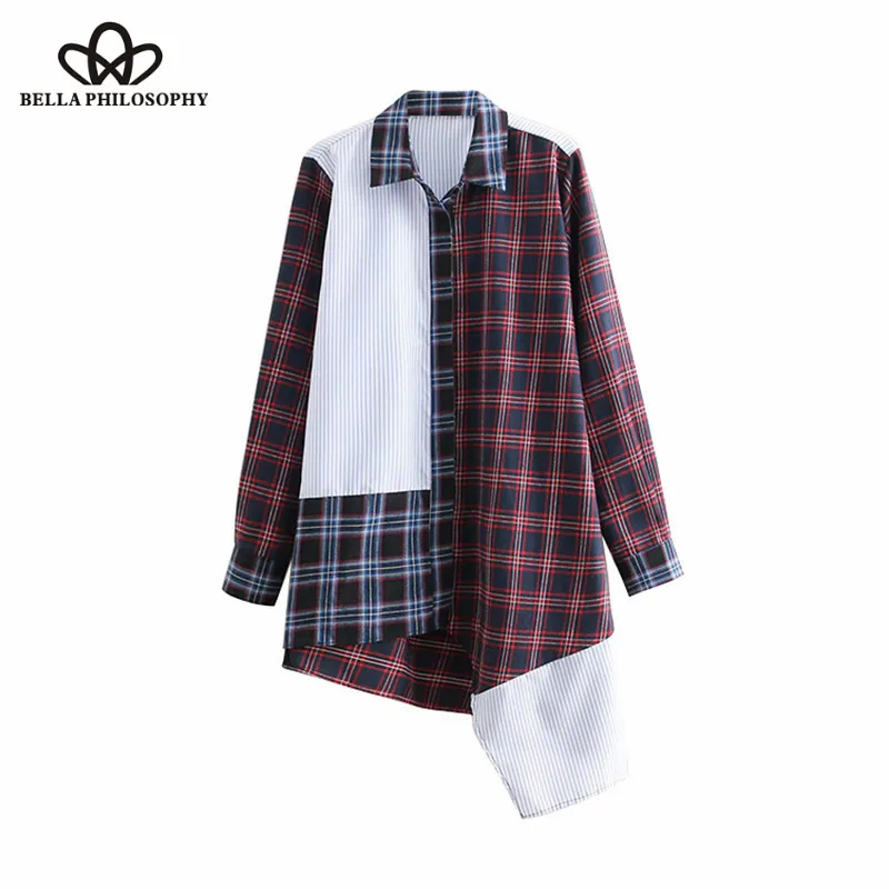 Wonder 2018 new autumn Vintage Plaid Patchwork Asymmetric Loose Tops Blouses Lapel Collar Long Sleeve Shirts Casual Blusas Mujer