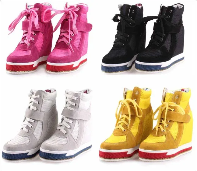 Womens Hidden Wedge Heels leather Lace Up Casual Sneakers High Top Boots Shoes
