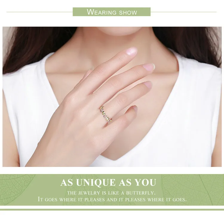BAMOER, высокое качество, 925 пробы, серебряное штабелируемое Золотое сердце, выгравированное кольцо на палец для женщин, ювелирные изделия из стерлингового серебра SCR317