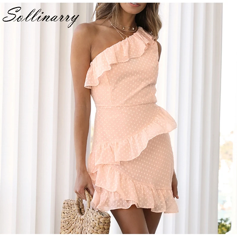 Sollinarry, сексуальное короткое женское платье на одно плечо,, летнее шифоновое платье в горошек, женское платье без рукавов с рюшами, платье в стиле ретро