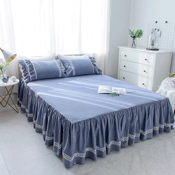 

Pure cotton Princess bedding 3pcs silk Lace Ruffles bedspread bed skirt bedclothes twin full king queen Blue solid pillowcase