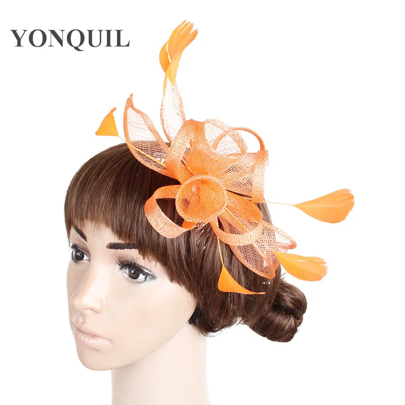 buy Orange or multiple colors elegant ladies party chic hair hats fascinators sposa with feather accessories on hair combs SYF231
