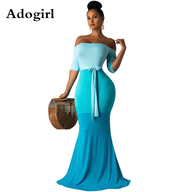 

Adogirl Progressive Color Mermaid Dress Summer Elegant Women Half Sleeve Off Shoulder Bodycon Maxi Dress With Belt Robe Vestidos