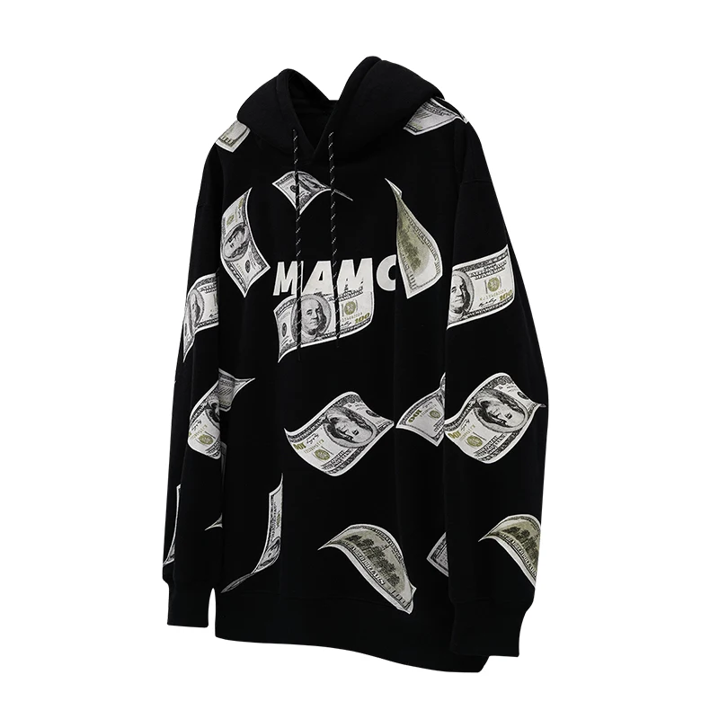Толстая флисовая негабаритная хип-хоп кофта с капюшоном в стиле "SWAG" с принтом богатых долларов США, пуловер, толстовка с капюшоном, Мужская свободная уличная одежда, бренд Rap Black - Цвет: Черный