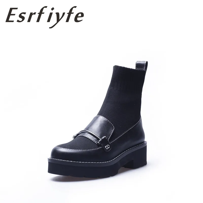 

ESRFIYFE 2019 New Genuine Leather Elastic Knit Socks Boots Spring/autumn Thick Heel Round Toe Platform Ankle Boots Slip on Shoes