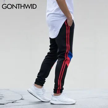 

2019 Color Block Patchwork Stripe Harem Pants Mens Autumn Casual Zipper Pockets Joggers Sweatpants Male Cotton Trousers