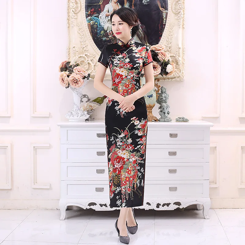 

Sexy Black Women Satin Daily Casual Dress Summer New Long Qipao Print Flower Chinese Cheongsam Size S M L XL XXL 3XL 4XL 5XL 6XL