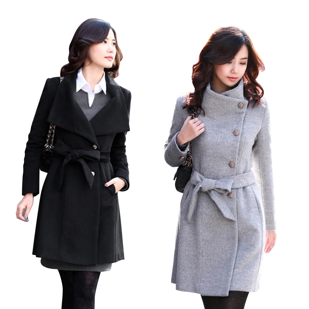 

2019 New Women Clothes Lady Femal Wool 10% Cashmere Bow Belt Button Women Coat Jacket Black Khaki Grey winter Spring Long coat