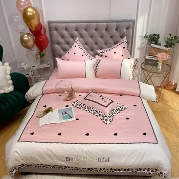 

Luxury Embroidery Egyptian cotton Wedding Bedding sets Queen King Duvet cover Bed sheet Pillowcase pink Leopard 4pcs bedclothes