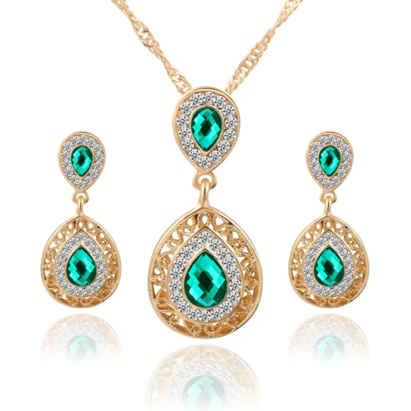 Kymyad Ювелирные наборы с кристаллами для женщин, индийские ювелирные изделия, золотой цвет, подвеска в виде капли воды, ожерелье, серьги, набор, ювелирные наборы - Окраска металла: Color 1