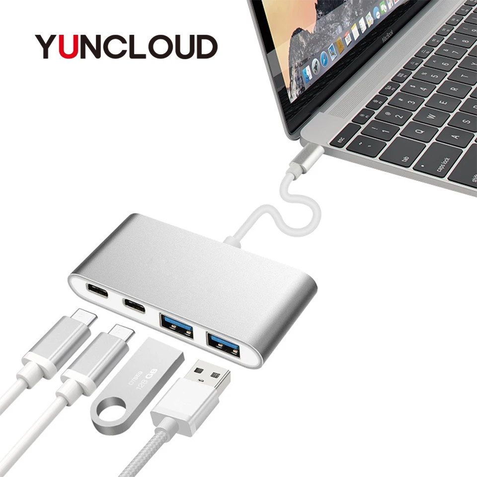 

YUNCLOUD USB Type-C 3.1 Hub to Type C Power Delivery Type C 3.0 MultiPort Adapter with 2 Port High Speed USB 3.0 Hub For Macbook