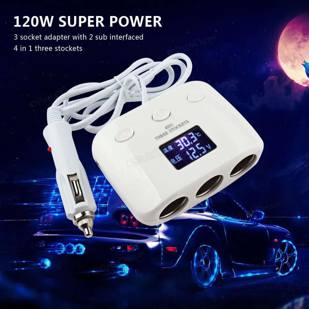 

3 Way 120W Auto Car Cigarette Lighter Socket Splitter 2 Dual USB Power Converter Car Charger Adapter Support Automatic Power off