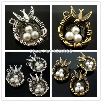 

20pcs Bird's-nest Three-Eggs Metal Charm Pendants Round Bronze Tibet Tone 25mm
