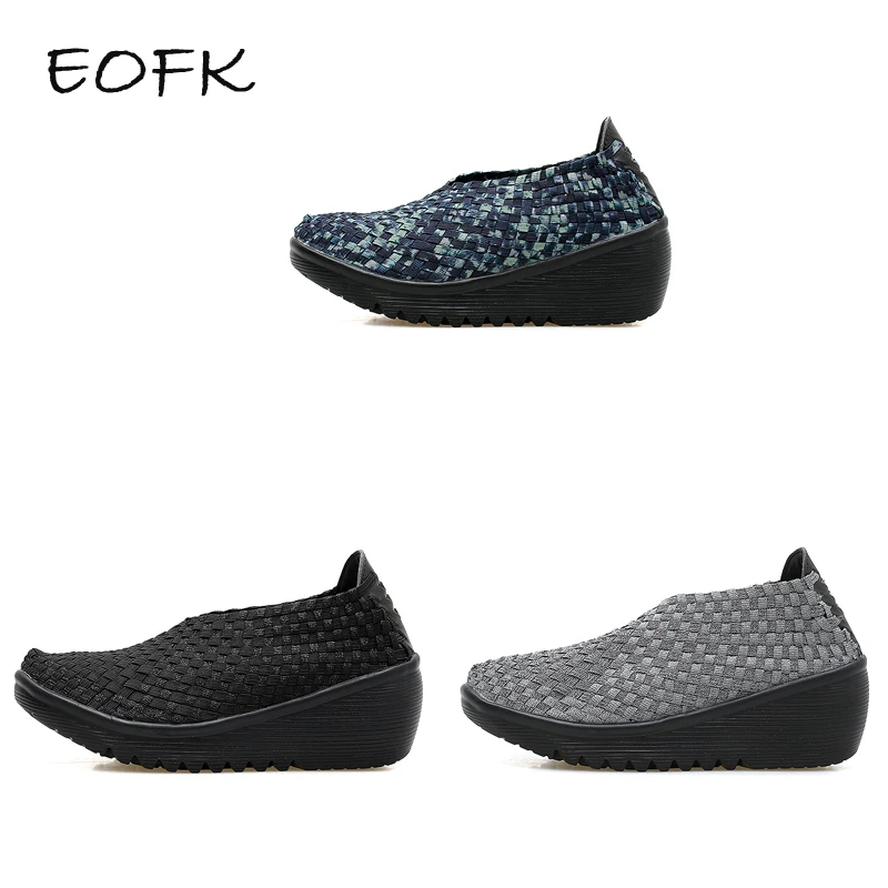 EOFK Breathable Women Woven Shoes loafers Handmade Elastic Woven Slip On Nylon Platform Wedges Shoes Woman