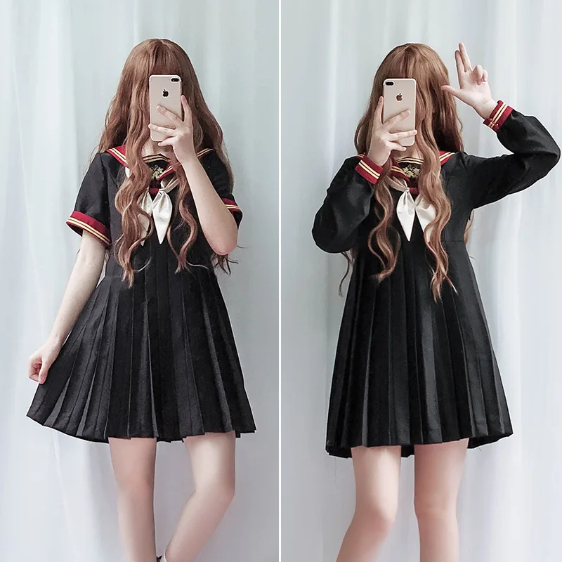 

Students JK Uniform Lolita Dress School Kawaii Girls Cute Cosplay Costume Sailor Collar Long Short Sleeves Skirt