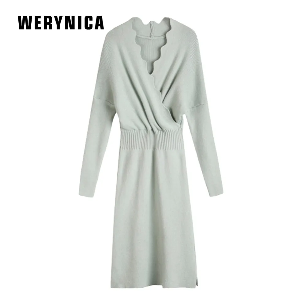 

Werynica Autumn Winter Women Knitted Cotton Skinny Sweater Dress V-neck Slim Bodycon Dress Elegant Sexy Party Vestidos