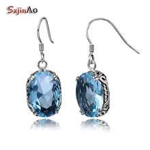 Szjinao модные ювелирные изделия шикарные Аквамарин Настоящее серебро 925 проба Винтаж длинный Овальный Висячие серьги для женщин вечерние подарок