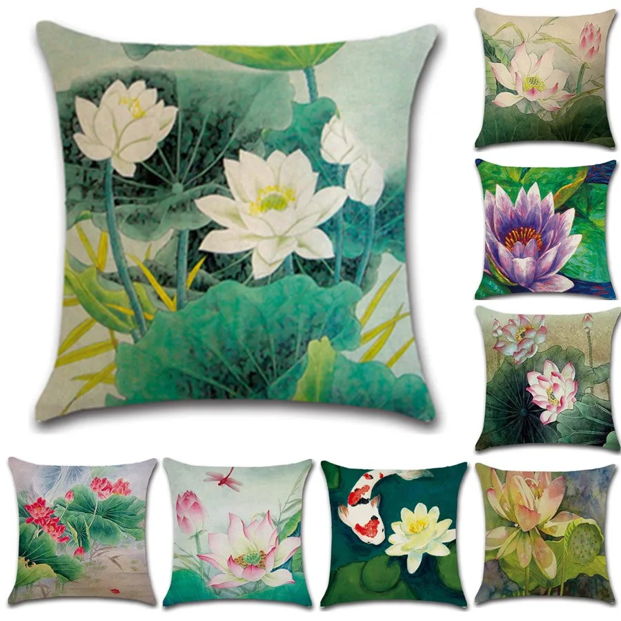 

Watercolor Retro Lotus Flower Home Decorative Pillow Cover For Sofa Vintage Cotton Linen Office Chair Cushion Cover 45x45 cm