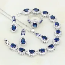 Масляная краска, синие камни, белый цирконий, 925 пробы, серебряные Ювелирные наборы для женщин, серьги-гвоздики/кулон/ожерелье/Кольца/Браслеты