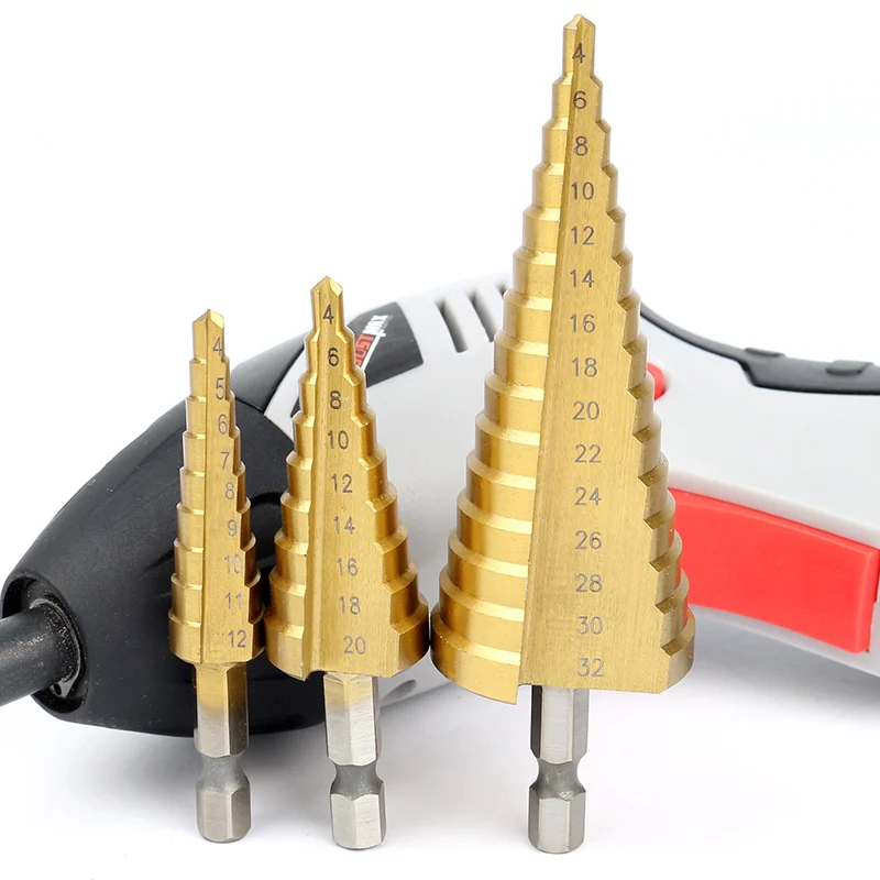 

3 Pcs Stepped Drill Bits Hex Shank HSS Titanium Coated Straight Flute Pagoda wood tool hand drill bits brocas para metal