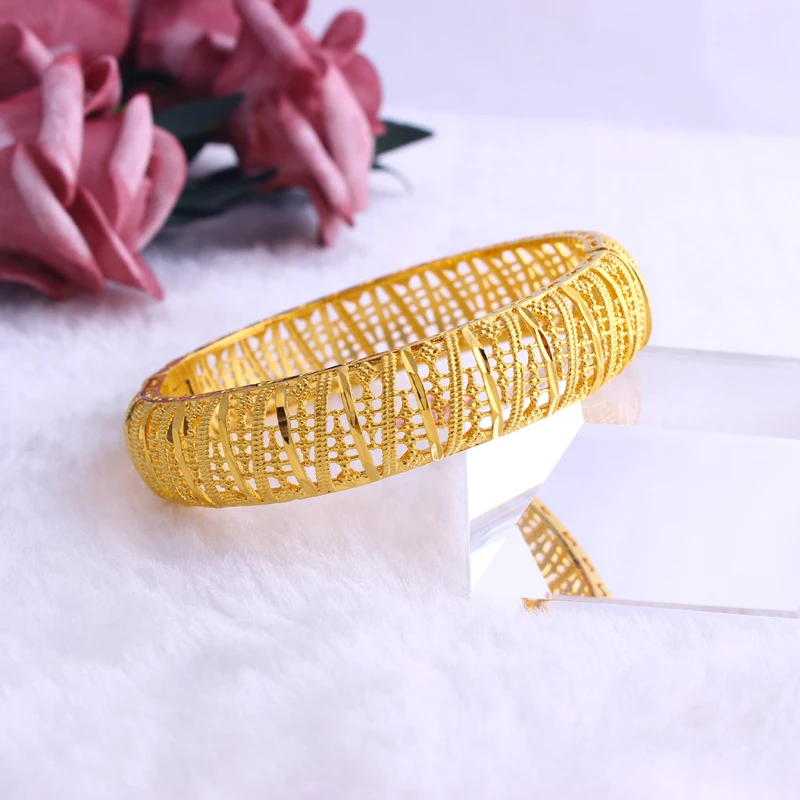 

JH New Ethiopian Wedding Wide Bangle stripe Big Bracelet For Women Gold Dubai African Bride Bracelet Arabic Bonzer Jewelry