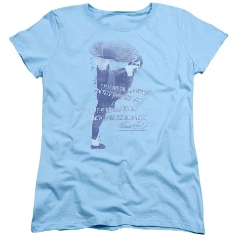Trevco Bruce Lee-10 000 Kicks - Short Sleeve Womens Tee - Light Blue Extra Large
