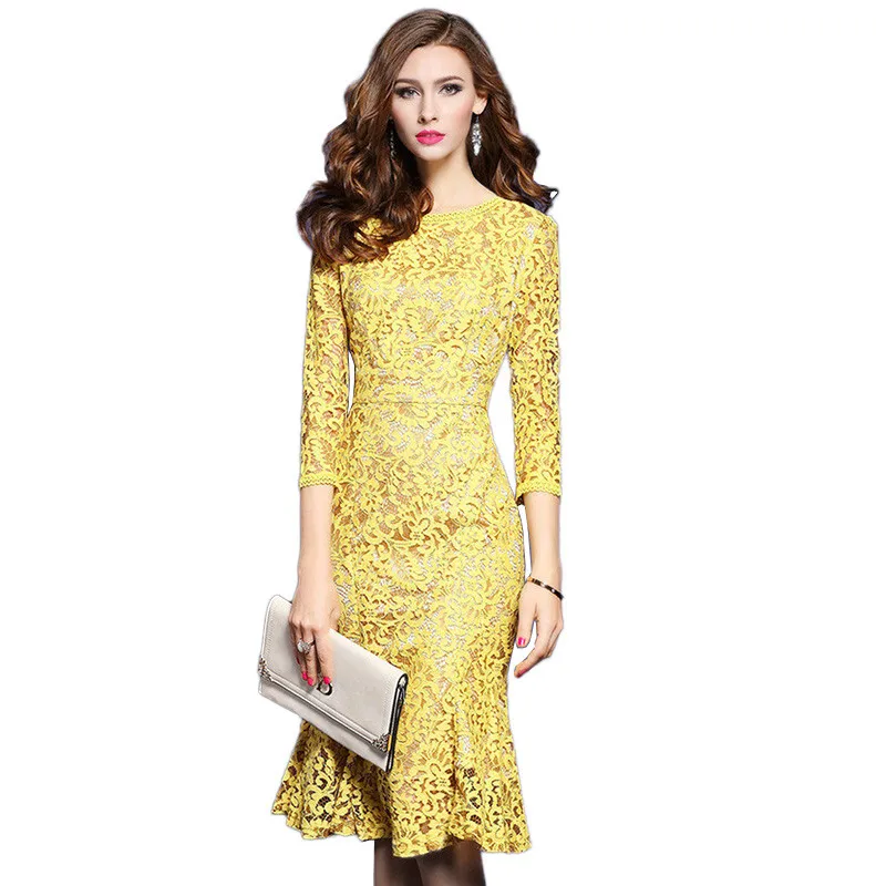 2017 High Quality Spring Womens Dresses 3/4 Sleeve Yellow Lace Dress Elegant Office Business Party Bodycon Women's | Женская одежда