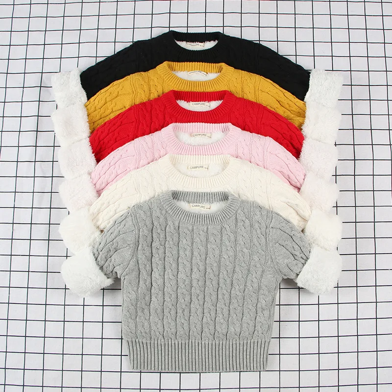 

Baby Girl Knitwear Sweater Velvet Thicken Warm Knitted Pullover Kids Boy tiny Cottons Winter Outerwear Children Sweater Clothing
