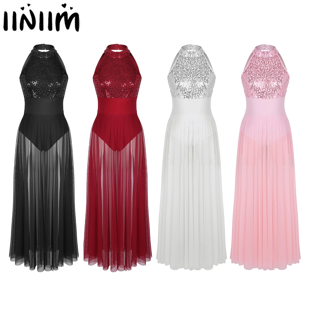 

iiniim Adult Athletic Dancewear Costumes Sequined Maxi Ballet Dance for Performance with Built-in Gymnastics Leotard for Womens