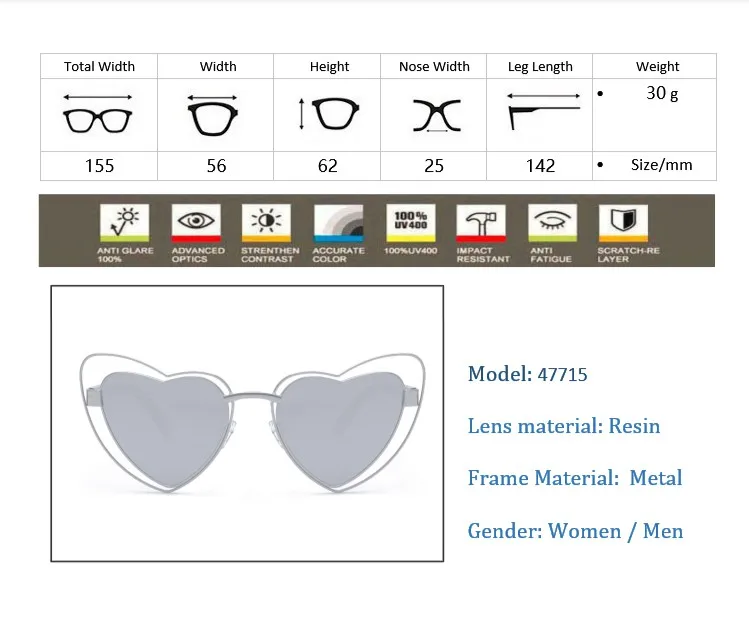 Женские солнцезащитные очки в форме сердца, Роскошные, сексуальные, милые, брендовые, модные, 47715