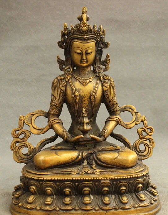 8" Tibet Bronze Buddhism Longevity Buddha Statue Pray Kwan-Yin Bodhisattva Set
