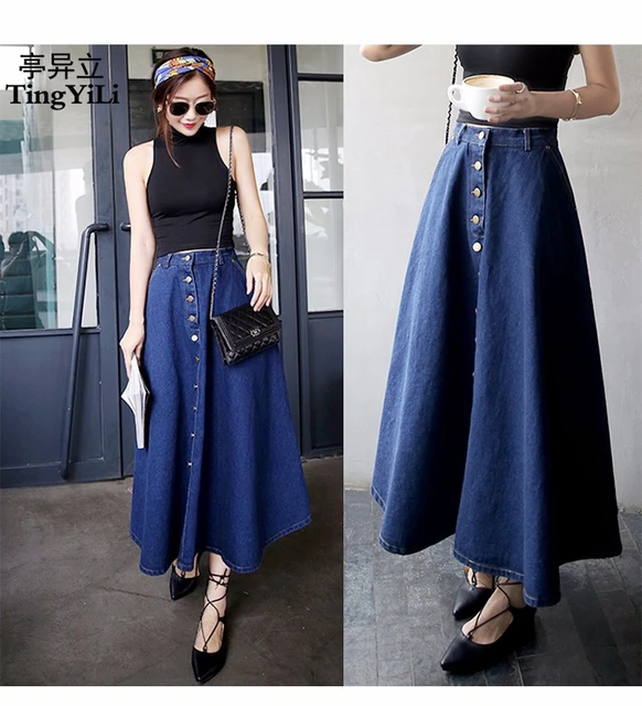 TingYiLi Button Front Long Denim Skirt Jeans Saias A Line Casual Maxi ...