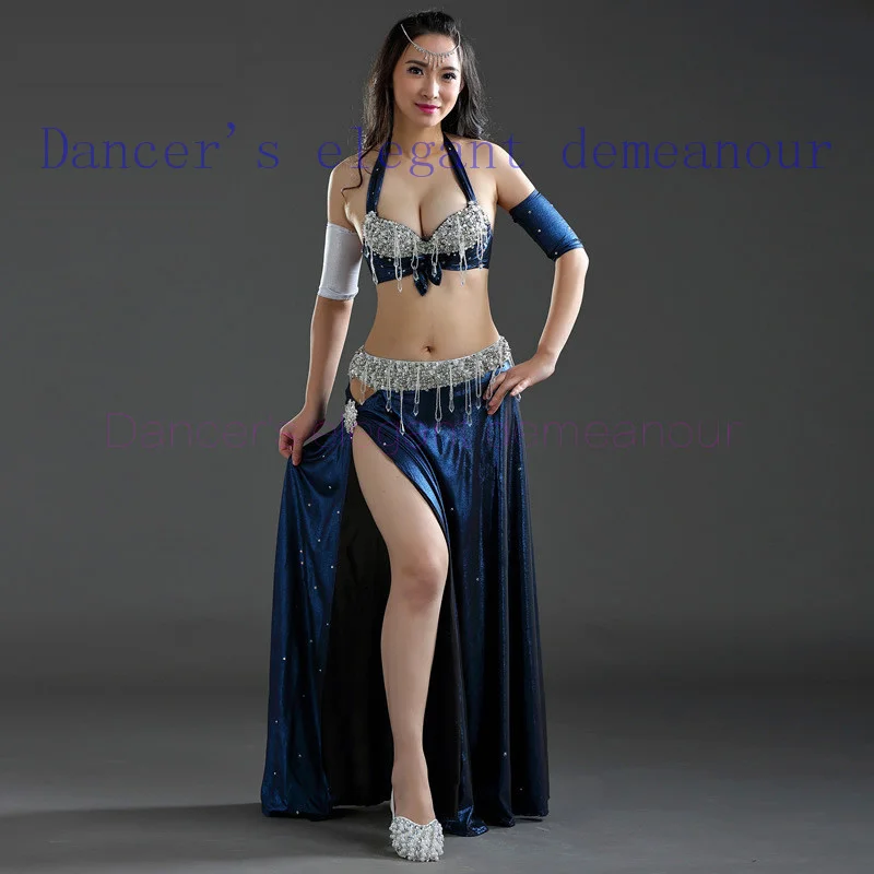 

New style belly dance costumes senior sexy handmake bra top+belt+velvet skirt 3pcs belly dance set for women belly dance suits