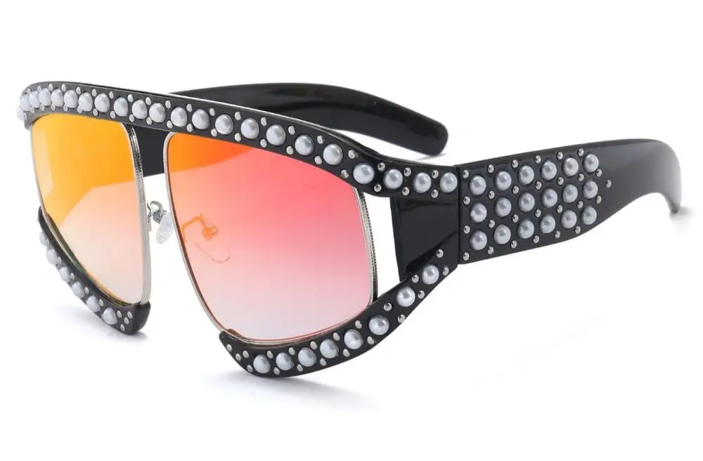 CCspace квадратная оправа G с жемчугом, женские солнцезащитные очки, роскошные Брендовые очки, дизайнерские женские очки 45448 - Цвет линз: C4 black red mirror