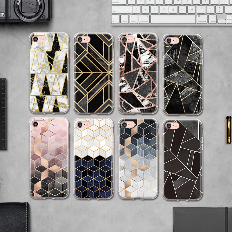 

For Iphone 4 4S 5 5S SE 6 6S 7 8 Plus X XR XS Max TPU Soft Back Cover Golden Edge Geometry Marble Silicone Case Bumper Fundas