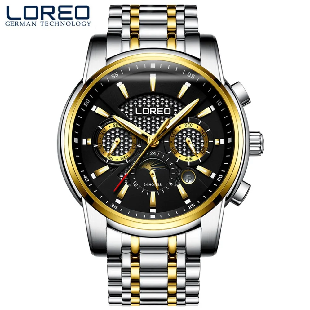LOREO многофункциональные автоматические механические мужские часы Лидирующий бренд Роскошные бизнес часы чехол из нержавеющей стали спортивные часы relogio - Цвет: Black Gold