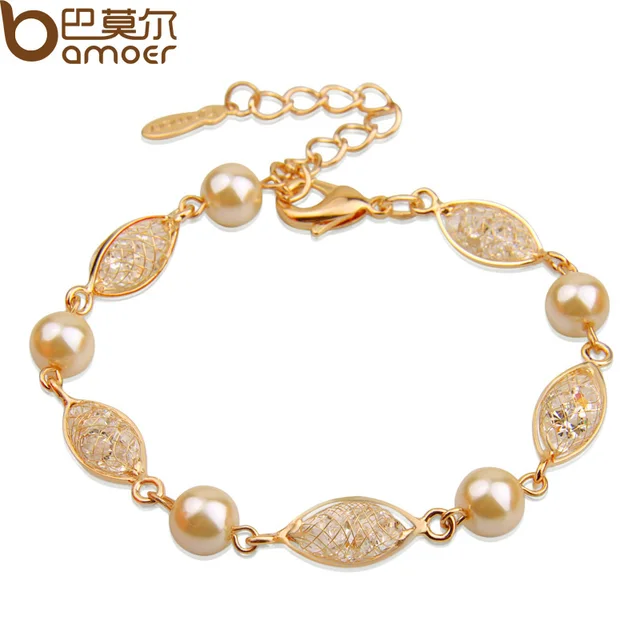 Bamoer Luxury Simulated Pearl Bracelet For Women Champagne Gold Bamoer Luxury Simulated Pearl Bracelet For Women Champagne Gold Color Cubic Zirconia High Quality Jewelry Jsb020