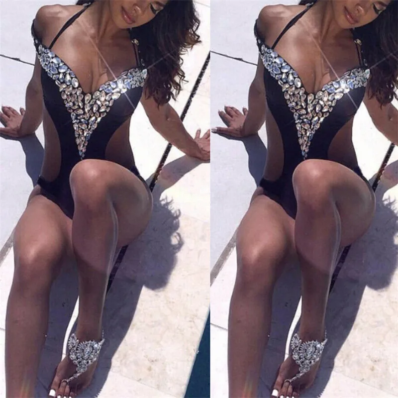 

2019 Sexy Women One Piece Swimwear Bathing Monokini Push Up Unpadded Bikini Rhinestone Hollow Swimsuit Beach wear