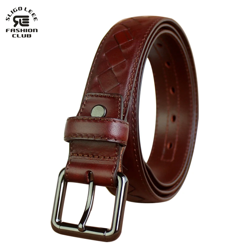 

SLIGOLEEE 2017 Braided Leather Men's Belt Hand Knitted Genuine Leather Pin Buckle Casual Style Woven Tanned Cowhide red brown